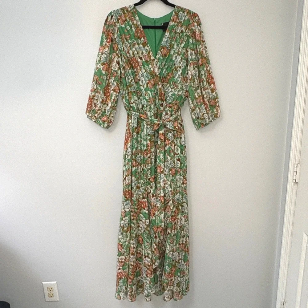 Maison Tara Green Floral Pleated Maxi Dress‎ V-Neck 3/4 Puff Sleeve Belted